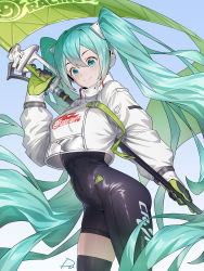 Rule 34 | 1girl, absurdres, aqua eyes, aqua hair, black bodysuit, black gloves, black thighhighs, blue background, blush, bodysuit, bodysuit under clothes, breasts, closed mouth, clothes writing, covered navel, crop top, gloves, gradient background, green gloves, hatsune miku, highres, holding, long hair, looking at viewer, racing miku, racing miku (2022), radjeong, see-through, signature, single thighhigh, small breasts, smile, solo, straddling, thighhighs, two-tone gloves, very long hair, vocaloid