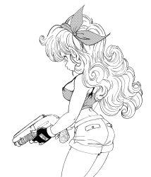 Rule 34 | 1girl, artist name, bare arms, bare shoulders, black gloves, bow, breasts, cowboy shot, crop top, curly hair, dragon ball, dragon ball (classic), expressionless, eyelashes, fenyon, fingerless gloves, fingernails, from side, gloves, gun, hair behind ear, hair bow, handgun, highres, holding, holding gun, holding weapon, legs together, long hair, looking down, lunch (bad) (dragon ball), lunch (dragon ball), median furrow, medium breasts, monochrome, narrow waist, polka dot, polka dot bow, profile, shorts, sideboob, simple background, solo, spaghetti strap, thighs, weapon, weapon request, white background
