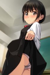 Rule 34 | 1girl, absurdres, ass, black dress, black hair, blurry, blurry background, blush, brown eyes, closed mouth, clothes lift, depth of field, dress, dress lift, highres, indoors, lifted by self, long sleeves, looking at viewer, looking back, matsunaga kouyou, nose blush, original, panties, pinafore dress, shirt, sleeveless, sleeveless dress, solo, standing, striped clothes, striped panties, underwear, white shirt