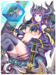 Rule 34 | 1girl, animal ears, armor, axe, bikini armor, black thighhighs, blue eyes, blunt bangs, blush, breasts, crossed legs, demon girl, demon horns, earrings, hisho collection, holding, holding weapon, horns, jewelry, large breasts, long hair, navel, official art, parted lips, pauldrons, purple hair, shoulder armor, sidelocks, sitting, smile, solo, stomach, thighhighs, throne, toshi, underboob, weapon