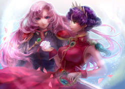 Rule 34 | 2girls, aiguillette, blue eyes, breasts, character request, closed mouth, commentary request, couple, epaulettes, flower, gold trim, green eyes, high collar, holding, holding sword, holding weapon, large breasts, lips, long hair, long sleeves, looking at viewer, multiple girls, nose, pink hair, profile, purple hair, realistic, rose, short hair, shoujo kakumei utena, sleeveless, sword, tenjou utena, very long hair, weapon, white flower, white rose, wrist cuffs, yuri