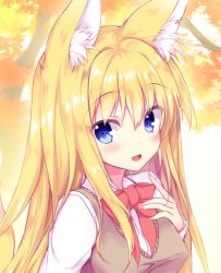 Rule 34 | 1girl, :d, animal ears, blonde hair, blue eyes, blush, bow, bowtie, brown vest, collared shirt, day, fingernails, fox ears, fox tail, hair between eyes, hand on own chest, long hair, long sleeves, open mouth, original, outdoors, red bow, red bowtie, shirt, smile, solo, tail, tateha (marvelous grace), upper body, vest, white shirt, wing collar
