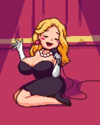 Rule 34 | 1girl, 7dogmin, :d, black dress, black footwear, blonde hair, blush stickers, breasts, cable, cleavage, collaboration, curtains, dress, earrings, elbow gloves, closed eyes, full body, gloves, hands up, high heels, highres, holding, holding microphone, jewelry, large breasts, long hair, microphone, mother (game), mother 2, music, necklace, nintendo, no socks, open hand, open mouth, pearl necklace, pixel art, revtilian, shadow, singing, smile, solo, spotlight, strapless, strapless dress, venus (mother), white gloves