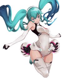 Rule 34 | 1girl, blue eyes, blue hair, breasts, closed mouth, elbow gloves, floating hair, full body, gloves, hair between eyes, hairband, hatsune miku, jumping, leotard, long hair, looking at viewer, medium breasts, racing miku, racing miku (2014), simple background, single thighhigh, smile, solo, thigh gap, thighhighs, twintails, very long hair, viktorf, vocaloid, white background, white gloves, white hairband, white leotard, white thighhighs