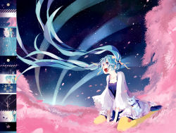 Rule 34 | 10s, 1girl, 2013, aqua hair, artist name, bell, blue eyes, cat, collar, copyright name, dated, dress, floating hair, hair ribbon, hatsune miku, highres, kotoma, long hair, neck bell, night, night sky, open mouth, pantyhose, petals, ribbon, sitting, sky, solo, twintails, very long hair, vocaloid, wariza, wind, yellow pantyhose