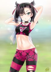 Rule 34 | 1girl, armpits, asymmetrical bangs, black hair, blurry, blurry background, choker, closed mouth, collarbone, creatures (company), crop top, earrings, game freak, green eyes, hair ribbon, highres, holding, holding towel, jewelry, long hair, looking at viewer, marnie (pokemon), midriff, navel, nintendo, one eye closed, pokemon, pokemon swsh, r-binon, red ribbon, ribbon, skin tight, solo, standing, stomach, towel, two side up