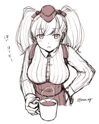 Rule 34 | 1girl, anchor hair ornament, atlanta (kancolle), breasts, commentary request, cup, dress shirt, earrings, garrison cap, hair ornament, hat, high-waist skirt, jewelry, kantai collection, large breasts, long hair, long sleeves, looking at viewer, monochrome, nao (nao eg), open mouth, sepia, shirt, simple background, skirt, solo, star (symbol), star earrings, suspender skirt, suspenders, twitter username, two side up