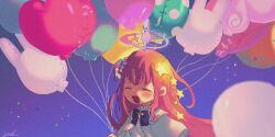 Rule 34 | 1girl, balloon, blue archive, blue bow, blue bowtie, blush, bow, bowtie, capelet, closed eyes, commentary, confetti, film grain, floating hair, flower, glowing, hair bun, hair flower, hair ornament, halo, heart balloon, highres, holding, holding balloon, kmd tale, long hair, mika (blue archive), open mouth, pink hair, purple flower, rabbit balloon, signature, single side bun, smile, solo, star (symbol), star hair ornament, too many balloons, upper body, white capelet