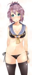 Rule 34 | 10s, 1girl, :o, adapted costume, aoba (kancolle), aqua eyes, armlet, bikini, black bikini, black thighhighs, blush, breasts, cleavage, collarbone, gluteal fold, hair between eyes, kantai collection, looking at viewer, navel, neckerchief, parted lips, ponytail, purple hair, sawamura aoi, scrunchie, shiny skin, short hair, side-tie bikini bottom, simple background, solo, standing, stomach, swimsuit, thighhighs, white background