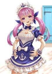 Rule 34 | 1girl, absurdres, breasts, cleavage, highres, hololive, medium breasts, minato aqua, multicolored hair, open mouth, puffy sleeves, purple eyes, purple hair, short sleeves, solo, standing, streaked hair, twintails, virtual youtuber