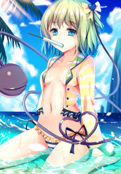 Rule 34 | 1girl, aqua eyes, bow, breasts, food, green hair, hair bow, hair ornament, heart hair ornament, komeiji koishi, looking at viewer, md5 mismatch, mouth hold, navel, no headwear, no headwear, ocean, open clothes, partially submerged, popsicle, short hair, sitting, small breasts, solo, third eye, touhou, wariza, water, yan (nicknikg)