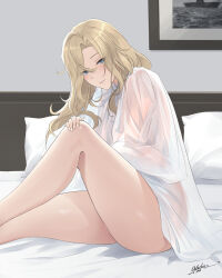 Rule 34 | 1girl, absurdres, artist name, ass, bed, bed sheet, blonde hair, blue eyes, blush, feet out of frame, highres, hornet (kancolle), indoors, kantai collection, long hair, looking at viewer, odachu, open mouth, pillow, see-through, see-through shirt, shirt, signature, sitting, smile, solo, white shirt