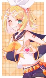 Rule 34 | 1girl, bare shoulders, belt, belt buckle, black sailor collar, black shorts, black sleeves, blonde hair, blush, bow, buckle, detached sleeves, flat chest, green eyes, grin, hair bow, hair ornament, hairclip, halftone texture, headphones, headset, heart, heart hands, highres, kagamine rin, looking at viewer, midriff peek, navel, neckerchief, nnc225, number tattoo, one eye closed, orange belt, plaid, plaid background, sailor collar, shirt, short hair, shorts, shoulder tattoo, skinny, sleeveless, sleeveless shirt, smile, solo, swept bangs, tattoo, vocaloid, yellow background, yellow neckerchief