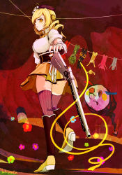 Rule 34 | 10s, 1girl, bad id, bad pixiv id, bakemata, beret, blonde hair, boots, breasts, charlotte (madoka magica), corset, detached sleeves, drill hair, fingerless gloves, frown, gloves, gun, hair ornament, hat, highres, large breasts, looking back, magical girl, magical musket, mahou shoujo madoka magica, mahou shoujo madoka magica (anime), panties, pantyshot, pleated skirt, skirt, striped clothes, striped panties, striped thighhighs, thighhighs, tomoe mami, underwear, upskirt, vertical-striped clothes, vertical-striped thighhighs, weapon, yellow eyes