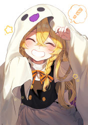 Rule 34 | !, 1girl, :d, ^ ^, absurdres, apron, black vest, blonde hair, bow, braid, closed eyes, commentary, facing viewer, frilled apron, frills, ghost costume, grin, hair between eyes, halloween costume, hand up, highres, jill 07km, kirisame marisa, long hair, open mouth, orange bow, shirt, signature, simple background, single braid, smile, solo, speech bubble, star (symbol), touhou, upper body, vest, waist apron, white apron, white background, white shirt