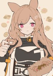 Rule 34 | 1girl, :t, animal ears, arknights, bag, black shirt, brown hair, ceobe (arknights), checkerboard cookie, closed mouth, cookie, dog ears, eating, food, grey background, holding, holding food, jacket, long hair, long sleeves, open clothes, open jacket, paper bag, pink eyes, puffy long sleeves, puffy sleeves, shirt, sikuku, simple background, solo, upper body, white jacket