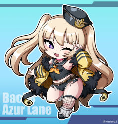 Rule 34 | 1girl, ;d, anchor symbol, arm up, azur lane, bache (azur lane), bandaid, bandaid on knee, bandaid on leg, bare shoulders, belt, belt pouch, black footwear, black hat, black sailor collar, black shirt, black shorts, blonde hair, blue background, blunt bangs, breasts, brown belt, character name, chibi, collar, commentary request, copyright name, crop top, cutoffs, exposed pocket, fang, fishnet thighhighs, fishnets, full body, fur-trimmed jacket, fur trim, hat, jacket, kurono, long hair, long sleeves, looking at viewer, loose socks, micro shorts, midriff, navel, neckerchief, off shoulder, one eye closed, open mouth, outline, pink collar, pouch, purple eyes, sailor collar, sailor hat, shirt, shoes, shorts, sidelocks, single thighhigh, skindentation, sleeveless, sleeveless shirt, small breasts, smile, socks, solo, standing, standing on one leg, thighhighs, twitter username, two side up, v, yellow jacket, yellow neckerchief