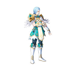 Rule 34 | 1boy, absurdres, armor, blue hair, feather trim, fingerless gloves, fire emblem, fire emblem fates, fire emblem heroes, gloves, gold trim, hair over one eye, highres, light blue hair, looking at viewer, male focus, nintendo, official alternate costume, official art, shigure (fire emblem), shigure (resplindent) (fire emblem), short hair, shoulder armor, smile, solo, vambraces, white background, white footwear, white gloves, yellow eyes