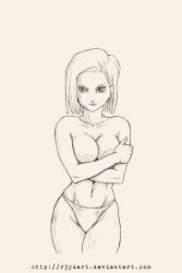 Rule 34 | 1girl, android 18, artist name, breasts, dragon ball, dragonball z, female focus, highres, large breasts, looking at viewer, monochrome, nipples, no bra, panties, r3ydart, short hair, simple background, solo, topless, traditional media, underwear, white background