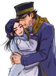 Rule 34 | 1boy, 1girl, ainu, ainu clothes, asirpa, bandana, black hair, black headwear, blue bandana, blue coat, blush, brown eyes, brown hair, buttons, cape, coat, commentary request, couple, ear piercing, earrings, closed eyes, facial scar, fur cape, golden kamuy, hand on another&#039;s cheek, hand on another&#039;s face, hat, hetero, hoop earrings, hug, imperial japanese army, jewelry, kepi, long hair, long sleeves, looking at another, military, military hat, military uniform, open mouth, piercing, scar, scar on cheek, scar on face, scar on mouth, scar on nose, scarf, short hair, simple background, smile, spiked hair, standing, star (symbol), sugimoto saichi, takeshi kai, thick eyebrows, two-tone headwear, uniform, upper body, white background, white cape, yellow headwear, yellow scarf