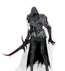 Rule 34 | 1boy, alecto black knife ringleader, armor, black knife (elden ring), blood, blood on hands, bloody weapon, breastplate, cape, elden ring, eureka1812, facing viewer, feet out of frame, full armor, gauntlets, highres, holding, holding sword, holding weapon, hood, hood up, hooded cape, male focus, simple background, solo, standing, sword, weapon, white background