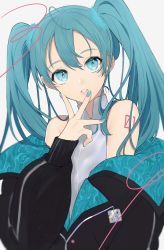 Rule 34 | 1girl, black jacket, blue eyes, blue hair, blue nails, earrings, fingernails, hatsune miku, head tilt, highres, jacket, jewelry, long hair, looking at viewer, nail art, nail polish, shoulder tattoo, simple background, sogawa, solo, stud earrings, tattoo, twintails, vocaloid, white background