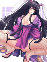 Rule 34 | 1girl, animal ears, bad id, bad pixiv id, black hair, breasts, rabbit ears, censored, cleavage, convenient censoring, female focus, fishnets, head tilt, houraisan kaguya, japanese clothes, kemonomimi mode, kimono, kneeling, legs, long hair, mikan (5555), no panties, purple eyes, ribbon, sandals, solo, spread legs, squatting, thick thighs, thighhighs, thighs, touhou, very long hair