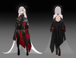 Rule 34 | 1girl, absurdly long hair, absurdres, aegir (azur lane), ass, asymmetrical footwear, azur lane, bare back, bare shoulders, black cape, black footwear, black gloves, bodystocking, boots, breast curtains, breasts, cape, character sheet, covered navel, cross, demon girl, demon horns, earrings, gloves, high heel boots, high heels, highres, horns, iron cross, jewelry, knee boots, large breasts, long hair, multiple views, red hair, skindentation, thigh gap, thong, uneven footwear, very long hair, white hair, yellow eyes, yunsang