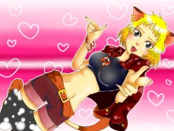 Rule 34 | 1girl, animal ears, bare shoulders, blonde hair, blush, boots, bracelet, breasts, cameltoe, cat ears, cat girl, creatures (company), earrings, fangs, female focus, game freak, gen 1 pokemon, gradient background, grey eyes, hair ornament, heart, image sample, jacket, jewelry, meowth, navel, necklace, nintendo, open mouth, personification, pixiv sample, pointing, pokemon, short hair, shorts, smile, solo, thighhighs
