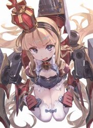Rule 34 | 1girl, :d, arm behind back, azur lane, black hairband, blonde hair, blue bow, blue dress, blue eyes, blunt bangs, blush, bow, breasts, cannon, covered navel, crown, dress, drill hair, fang, from above, gloves, hair bow, hairband, high heels, highres, kneeling, long hair, looking at viewer, looking up, machinery, mini crown, open mouth, queen elizabeth (azur lane), red footwear, rigging, seiza, sidelocks, simple background, sitting, small breasts, smile, so-taro, solo, thighhighs, thighs, turret, v-shaped eyebrows, very long hair, white background, white bow, white thighhighs
