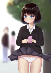 Rule 34 | 1girl, 2others, :o, accidental exposure, black hair, black skirt, black sweater, blue eyes, blurry, blurry background, blush, bob cut, cellphone, collared shirt, commentary request, cowboy shot, depth of field, gluteal fold, highres, holding, holding phone, kanekan, long sleeves, looking away, looking to the side, miniskirt, multiple others, original, outdoors, panties, pantyshot, parted lips, phone, pleated skirt, shirt, short hair, skirt, smartphone, solo, solo focus, standing, sweater, thighs, tree, underwear, white panties, white shirt, wind, wind lift, wing collar