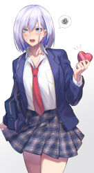 Rule 34 | 1girl, blazer, blue eyes, blush, breast pocket, candy, chocolate, chocolate heart, commentary, cowboy shot, food, hair between eyes, heart, highres, jacket, long sleeves, looking at viewer, medium hair, necktie, open clothes, open jacket, open mouth, original, plaid, plaid skirt, pleated skirt, pocket, purple hair, re (re 09), red necktie, shirt, simple background, skirt, solo, spoken squiggle, squiggle, teeth, upper teeth only, valentine, white shirt