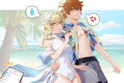 Rule 34 | 1boy, 1girl, 1other, alternate costume, anger vein, bare shoulders, beach, black bow, blonde hair, blue eyes, blue sky, border, bow, breasts, cellphone, closed mouth, cloud, cloudy sky, collarbone, collared shirt, commentary, crossed bangs, crystal, crystal earrings, earrings, english commentary, eyelashes, floral print, flower, food, franhill, genshin impact, grey flower, grey shorts, hair between eyes, hair flower, hair ornament, hand up, hawaiian shirt, highres, holding, holding food, holding ice cream, holding phone, ice cream, jewelry, leaf, leaf print, lily (flower), lumine (genshin impact), medium breasts, navel, no headwear, ocean, open clothes, open mouth, open shirt, orange hair, outdoors, outside border, palm tree, phone, pocket, sand, shaded face, shirt, short hair, short hair with long locks, short sleeves, shorts, sidelocks, single earring, sky, smartphone, speech bubble, standing, summer, swimsuit, tartaglia (genshin impact), tree, v-shaped eyebrows, water, water drop, white border, white bow, white swimsuit, yellow eyes, yellow flower