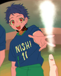 Rule 34 | 1boy, :d, bad id, bad twitter id, blue hair, blue shirt, chromatic aberration, clothes writing, disembodied hand, hand on another&#039;s arm, hand up, highres, ichijou shin, king of prism, king of prism by prettyrhythm, looking at viewer, male focus, open mouth, outstretched arm, photo (object), pov, pov hands, pretty rhythm, pretty series, red eyes, shirt, short sleeves, smile, solo focus, sportswear, sweat, t-shirt, when you see it, zashima