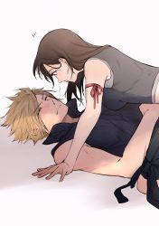Rule 34 | 1boy, 1girl, bare shoulders, blonde hair, blue eyes, blush, breasts, brown hair, closed eyes, closed mouth, cloud strife, couple, eye contact, final fantasy, final fantasy vii, from side, girl on top, hetero, highres, long hair, looking at another, lying, maiii (smaii i), notice lines, on back, red ribbon, ribbon, shirt, short hair, sleeveless, sleeveless shirt, smile, spiked hair, tifa lockhart, upper body