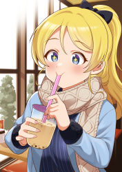 Rule 34 | + +, 1girl, absurdres, ayase eli, black ribbon, blonde hair, blue eyes, blue jacket, blush, bubble tea, cup, disposable cup, drinking straw, fingernails, hair ribbon, highres, jacket, koaraya, long hair, long sleeves, love live!, love live! school idol project, ponytail, ribbon, scarf, smile, solo