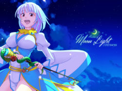Rule 34 | 1girl, :d, blue dress, blunt bangs, breasts, cleavage, cloud, commentary request, cowboy shot, dress, gold trim, highres, holding, holding staff, juliet sleeves, large breasts, long dress, long sleeves, looking at viewer, night, night sky, official alternate costume, open mouth, pelvic curtain, puffy sleeves, ragnarok online, red eyes, saishichi, short hair, sky, smile, snake, solo, sorcerer (ragnarok online), staff, star (sky), starry sky, two-tone dress, white dress, white hair, wide sleeves