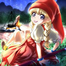 Rule 34 | 1girl, aged down, blonde hair, blue eyes, blush, bracelet, braid, campfire, camping, dragon quest, dragon quest xi, dress, female focus, fire, fireplace, forest, grass, hair ornament, hat, jewelry, leaning, leaning back, leg up, looking at viewer, looking back, mountain, nakahira guy, nature, night, night sky, outdoors, pot, puffy sleeves, red dress, shoes, sitting, sky, socks, staff, star (sky), starry sky, tongue, tongue out, veronica (dq11)