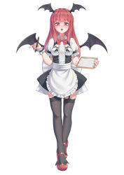 Rule 34 | 1girl, :d, absurdres, alternate costume, apron, bat wings, black thighhighs, blunt bangs, blush, breasts, clipboard, full body, garter straps, happy, head wings, highres, holding, holding clipboard, holding pen, koakuma, littiecy, long hair, looking at viewer, open mouth, pen, puffy short sleeves, puffy sleeves, red eyes, red hair, shirt, shoes, short sleeves, simple background, skirt, smile, solo, thighhighs, touhou, waitress, white background, wings, wrist cuffs, zettai ryouiki