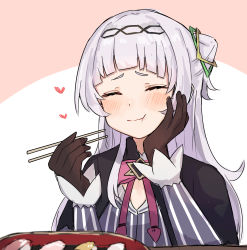 Rule 34 | 1girl, black capelet, black shirt, blush, brown gloves, capelet, chewing, chopsticks, closed eyes, closed mouth, commentary request, eating, fish (food), food, gloves, hair bun, hand on own face, hands up, heart, highres, holding, holding chopsticks, hololive, long hair, murasaki shion, murasaki shion (1st costume), nigirizushi, oisiimizu, pink background, purple hair, shirt, side bun, single side bun, solo, striped clothes, striped shirt, sushi, upper body, virtual youtuber, wings