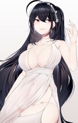 Rule 34 | 1girl, absurdres, azur lane, black hair, breasts, center opening, cleavage, cocktail dress, dress, earrings, evening gown, garter straps, highres, jewelry, large breasts, long hair, no panties, official alternate costume, plunging neckline, red eyes, samip, satin dress, simple background, sleeveless, sleeveless dress, taihou (azur lane), taihou (temptation on the sea breeze) (azur lane), very long hair, wedding dress, white dress