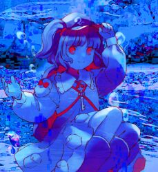 Rule 34 | 1girl, arm up, blue background, blue theme, boots, bow, closed mouth, collared dress, commentary request, dress, flat chest, frilled shirt collar, frills, hand up, hat, highres, jewelry, kaigen 1025, kawashiro nitori, key, key necklace, limited palette, long sleeves, necklace, pocket, short twintails, smile, solo, touhou, twintails