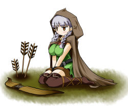 Rule 34 | 1girl, alternate breast size, arrow (projectile), bad id, bad pixiv id, boots, bow (weapon), braid, breasts, brown eyes, cloak, dragon&#039;s crown, elf, elf (dragon&#039;s crown), gloves, hood, hooded cloak, kyoko nagase, large breasts, long hair, planted, planted arrow, pointy ears, shorts, silver hair, sitting, solo, thigh boots, thighhighs, twin braids, v arms, wariza, weapon
