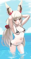 Rule 34 | animal ears, awesomeerix, beach, bikini, breasts, cat ears, covered erect nipples, highres, long hair, looking at viewer, low twintails, micro bikini, navel, nia (blade) (xenoblade), nia (xenoblade), ocean, open mouth, small breasts, stomach, swimsuit, twintails, very long hair, xenoblade chronicles (series), xenoblade chronicles 2, yellow eyes