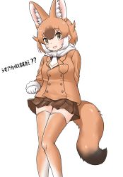 Rule 34 | 1girl, animal ears, black shirt, blouse, blush, brown eyes, brown hair, brown skirt, brown thighhighs, commentary, cosplay, cowboy shot, dhole (kemono friends), dog ears, dog girl, dog tail, extra ears, fur trim, gloves, highres, island fox (kemono friends), island fox (kemono friends) (cosplay), jacket, kemono friends, light brown hair, long sleeves, looking at viewer, multicolored hair, necktie, orange jacket, pleated skirt, scarf, shirt, short hair, skirt, solo, tail, thighhighs, translation request, uf34a, white fur, white gloves, white hair, white necktie, white scarf, zettai ryouiki
