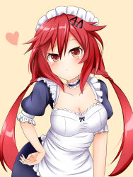 Rule 34 | 1girl, alternate costume, apron, blue dress, blush, braid, breasts, cleavage, commentary, dress, english commentary, enmaided, frilled apron, frilled dress, frilled sleeves, frills, frown, hair between eyes, hair ornament, hairclip, hand on own hip, heart, highres, leaning forward, long hair, looking at viewer, maid, maid headdress, medium breasts, neck garter, neptune (series), nitoya, orange eyes, red hair, shin jigen game neptune vii, solo, tennouboshi uzume, twin braids, twintails, very long hair, white apron