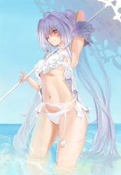Rule 34 | 1girl, absurdres, armpits, bikini, fate/prototype, fate (series), frilled bikini, frills, gnarlypzofbread, highres, lady avalon (fate), lady avalon (second ascension) (fate), long hair, looking at viewer, md5 mismatch, merlin (fate/prototype), navel, one eye closed, pink eyes, resolution mismatch, sky, smile, solo, source smaller, swimsuit, thighs, umbrella, very long hair, water, white bikini