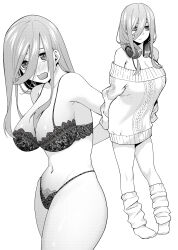 Rule 34 | 1girl, absurdres, arms behind back, blush, bra, breasts, closed eyes, commentary request, embarrassed, go-toubun no hanayome, greyscale, hair between eyes, headphones, headphones around neck, highres, kosmos beta, lace, lace bra, lace panties, large breasts, long hair, looking at viewer, loose socks, monochrome, multiple views, nakano miku, navel, off-shoulder sweater, off shoulder, open mouth, paid reward available, panties, simple background, socks, standing, stomach, string panties, sweater, underwear
