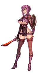 Rule 34 | 1girl, bad id, bad pixiv id, boots, breasts, female focus, full body, high heels, large breasts, looking at viewer, newface, purple eyes, purple hair, rpg maker, shield, solo, standing, sword, thighhighs, transparent background, underboob, weapon