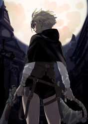 Rule 34 | 1girl, absurdres, black capelet, black shorts, bloodborne, brown vest, capelet, cosplay, cowboy shot, dual wielding, from behind, full moon, glowing, glowing eyes, gun, highres, holding, holding gun, holding sword, holding weapon, hood, hooded capelet, hunter (bloodborne), hunter (bloodborne) (cosplay), leo (reiga), long sleeves, looking at viewer, looking back, micro shorts, moon, musket, original, red eyes, reiga (act000), shorts, sideways glance, smile, solo, sword, vest, weapon